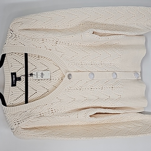 Express Loose Knit Crystal & Pearl Buttoned Cardigan - Picture 10 of 17